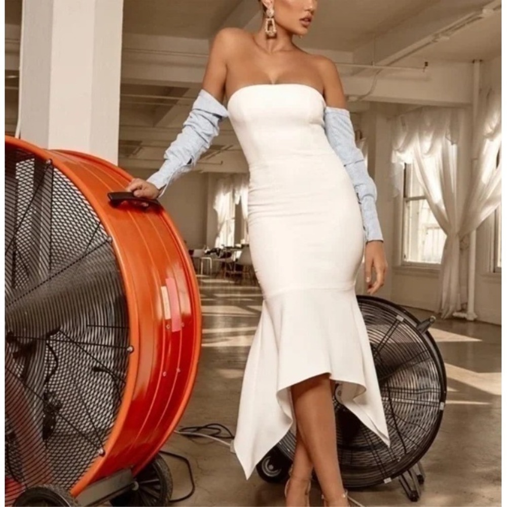 Abyss by Abby Pandora White Size M NEW Off Shoulder Stripe Sleeve Shirting Midi